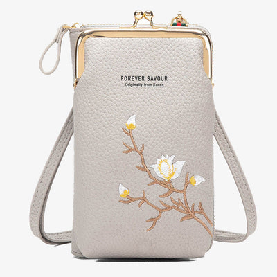Elegant Embroidered Phone Bag Women Mini Crossbody Leather Purse