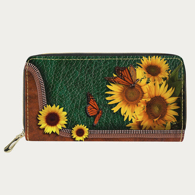 PU Leather Wallet For Women Butterfly Sunflower Pattern Long Purse