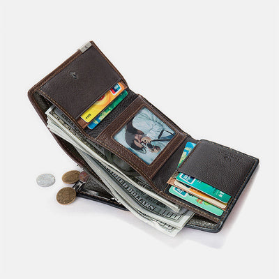 Genuine Leather Splicing Color Block Wallet Trifold Long Purse