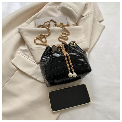 Evening Bag For Party Crocodile Pattern Sparkly Leather Bucket Bag