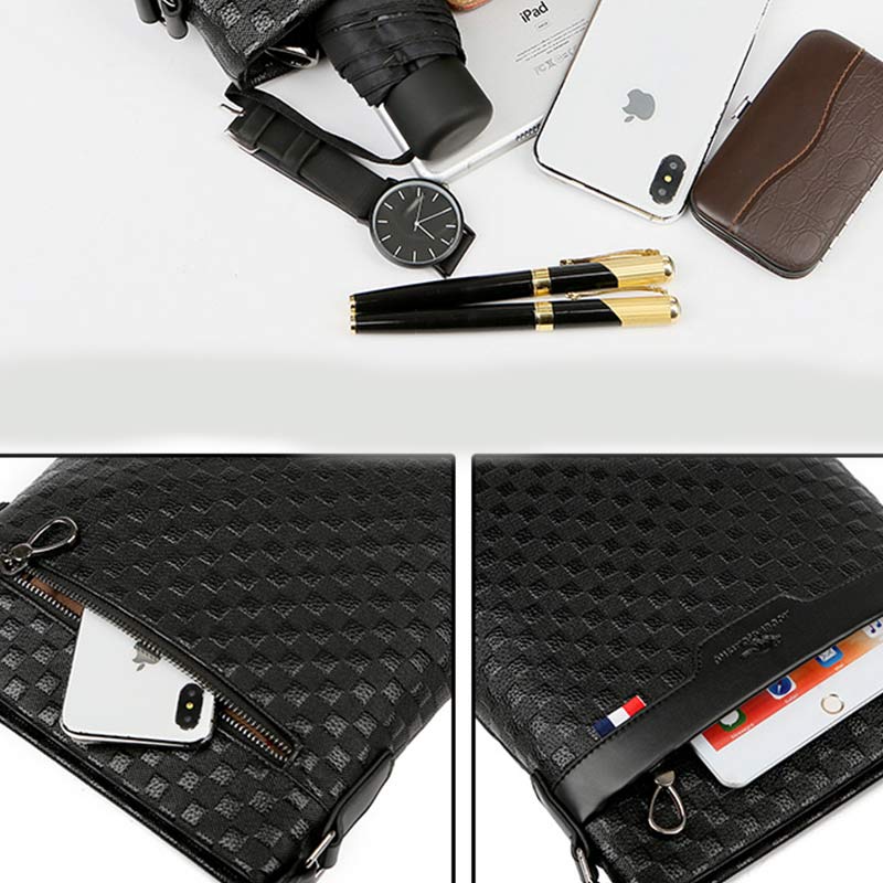 Genuine Leather Waterproof Messenger Bag for Men Plaid Crossbody Bag
