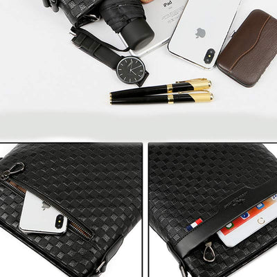 Genuine Leather Waterproof Messenger Bag for Men Plaid Crossbody Bag