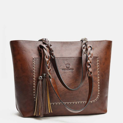 Large Capacity Business Office Handbag Women's Soft PU Tassel Tote Shoulder Bag