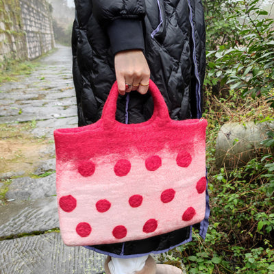 Wool Felt Tote For Women Round Dot Decor Handbag