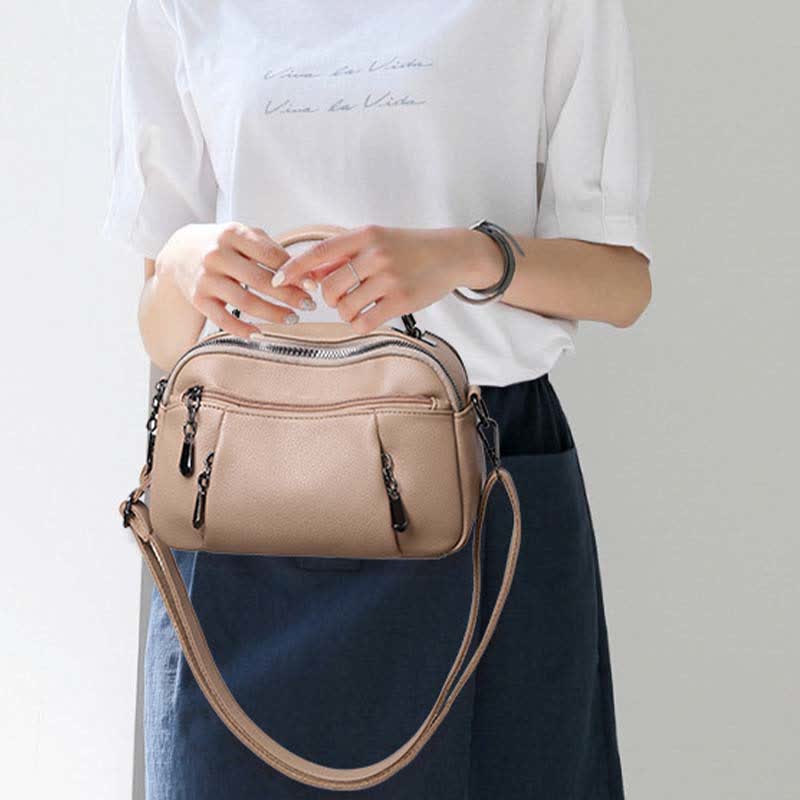 Multi-Pocket Leather Crossbody Purse for Women Small Top Handle Satchel Handbag