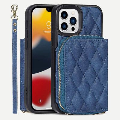 iPhone Phone Case Quilted Leather Wallet Case Card Holder with Crossbody Strap