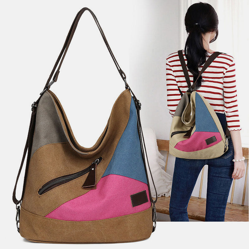 Women's Tote Canvas Backpack for Color Block Shoulder Hobo Bag Rucksack