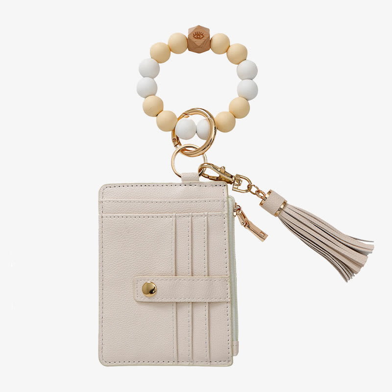 Silicone Bead Wrist Bag Womens Leather Tassel Card Holder