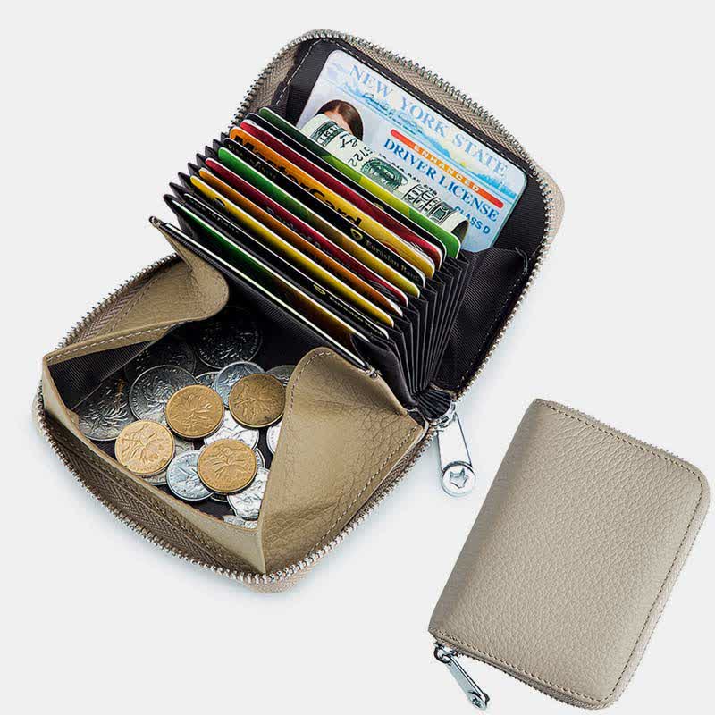RIFD Blocking Small Coin Purse Multi-Pocket Card Holder Genuine Leather Wallet
