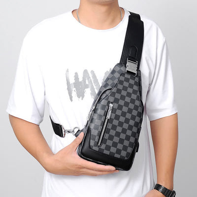Double Layer Leather Sling Bag for Men Casual Plaid Crossbody Daypack
