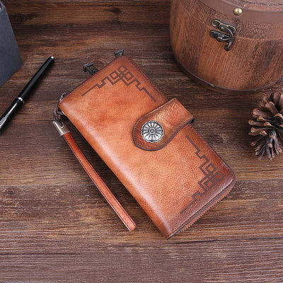 Genuine Leather Clutch Zipper Long Cellphone Wallet Purse with Removable Wristlet