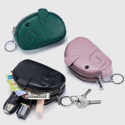 Genuine Leather Cute Elephant Coin Purse Zip Change Wallet Pouch