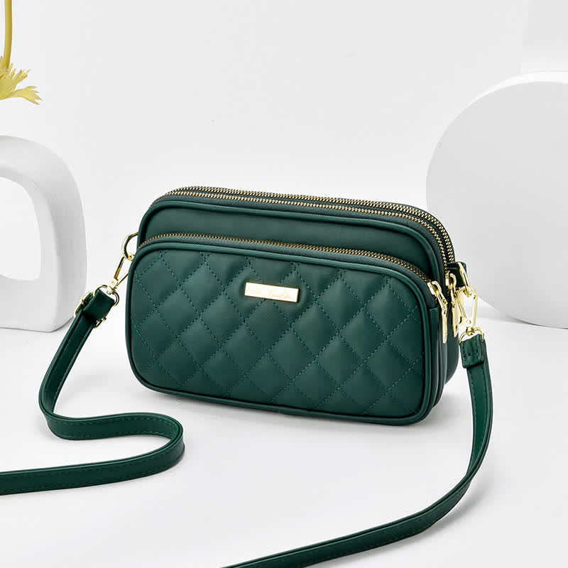 Triple Zip Crossbody Bag Quilted Leather Shoulder Purse for Women