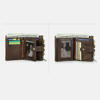 Men's Genuine Leather RFID Blocking Bifold Wallet with Anti-theft Chain