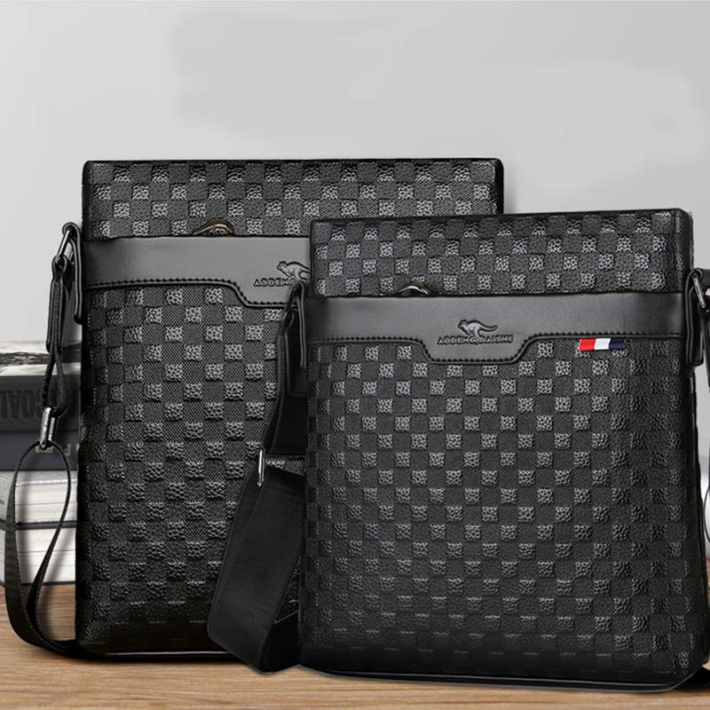 Genuine Leather Waterproof Messenger Bag for Men Plaid Crossbody Bag