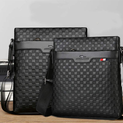 Genuine Leather Waterproof Messenger Bag for Men Plaid Crossbody Bag