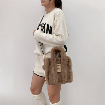 Crossbody Bag For Women Solid Color Faux Fur Large Handbag