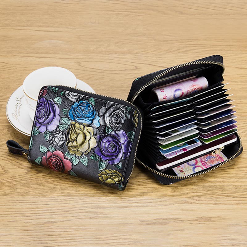 RFID Multi-Slot Elegant Hand-Painted Floral Wallet Card Holder