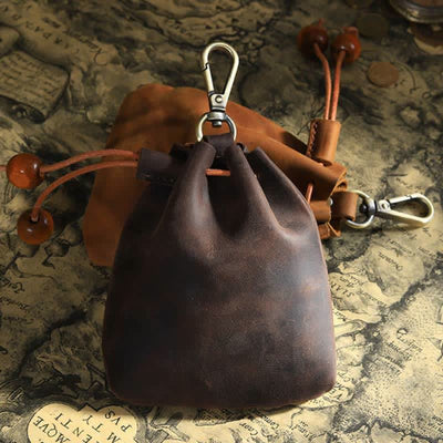 Vintage Coin Purse Genuine Leather Pouch Wallet Drawstring Storage Bag