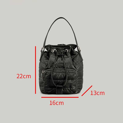 Puffer Drawstring Bucket Bag for Women Down Satchel Quilted Shoulder Bag