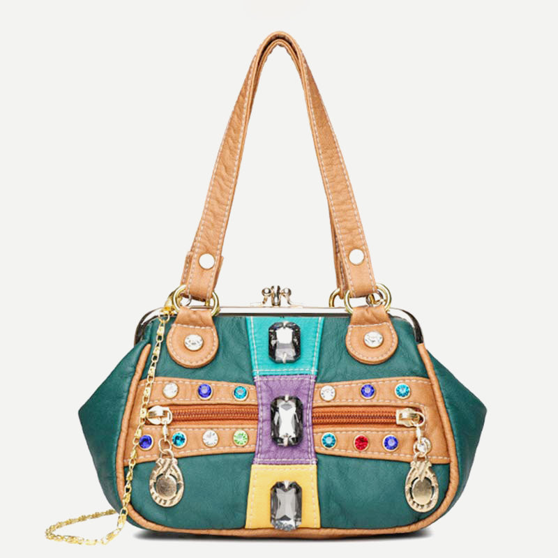 Retro Double Layer Kiss-Lock Shoulder Handbag Party Evening Purse with Crossbody Chain