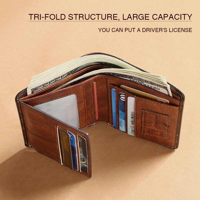 RFID Retro Genuine Leather Tri-fold Wallet