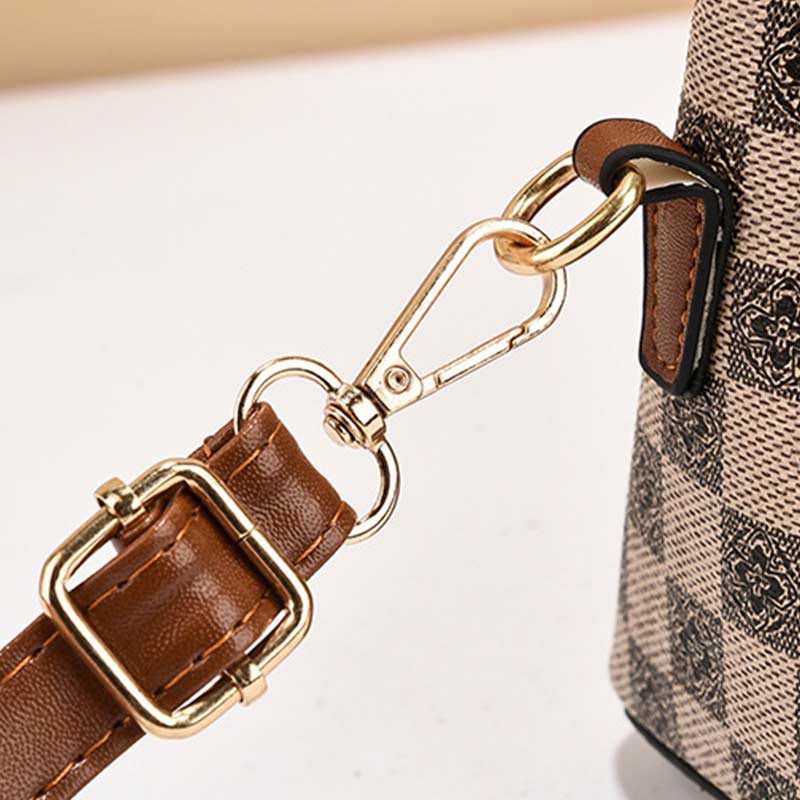 Triple Compartment Plaid Satchel Women Leather Chic Crossbody Bag