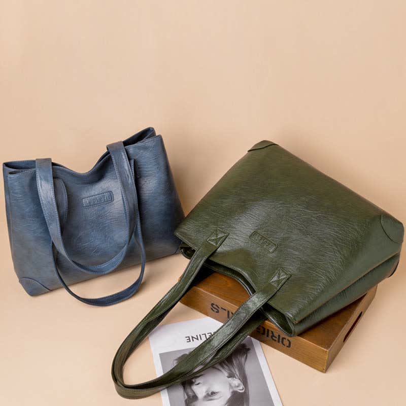 Women's Double Compartment Soft Faux Leather Tote Handbag Shoulder Bag Purse
