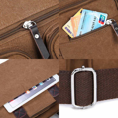 Multi-Pocket Tote Handbag for Women Men Retro Canvas Laptop Bag