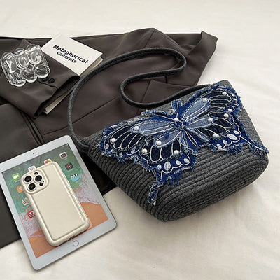 Embroidery Butterfly Shoulder Bag Cotton Linen Crossbody Purse For Women