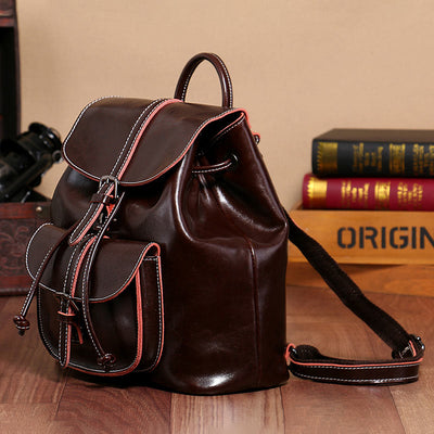 Classic Daypack For Women Outing Drawstring Clamshell Leather Backpack