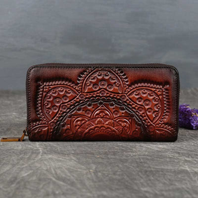 Women Genuine Leather Zip Around Embossing Wallet Large Cowhide Leather Wallet