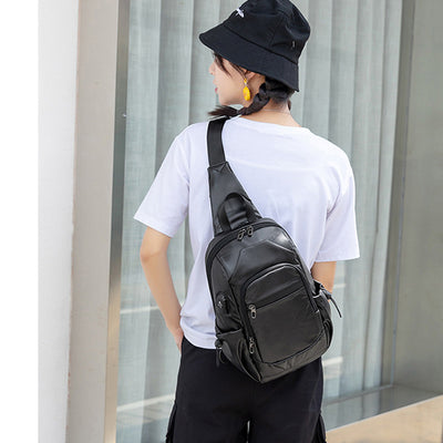 Unisex Small Black Sling Crossbody Shoulder Bag Daypack with USB Charger