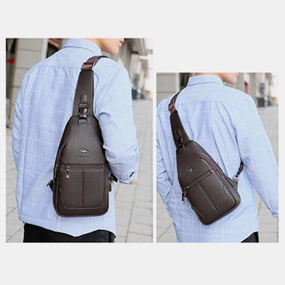 Multiple Pockets Leather Sling Chest Bag for Men with USB Charging Port