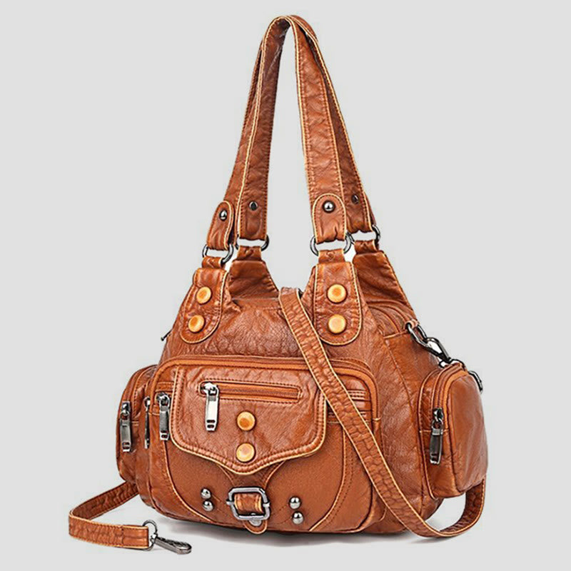 Tote Bag For Women Vintage Riveted Multi-Pocket Leather Crossbody Bag