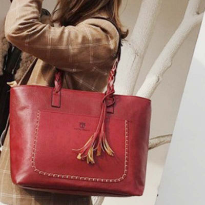 Large Capacity Business Office Handbag Women's Soft PU Tassel Tote Shoulder Bag