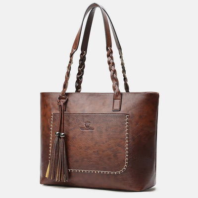 Large Capacity Business Office Handbag Women's Soft PU Tassel Tote Shoulder Bag