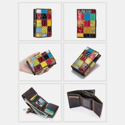 Genuine Leather Splicing Color Block Wallet Trifold Long Purse