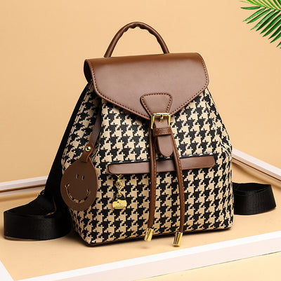 Women's Mini Backpack Purse Houndstooth Print Flap Daypack Leather Shoulder Bag