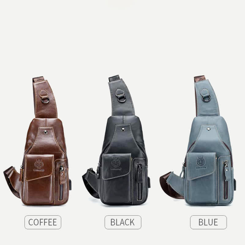 Genuine Leather Multi-Pocket Chest Bag Sling Backpack with USB Charging Port