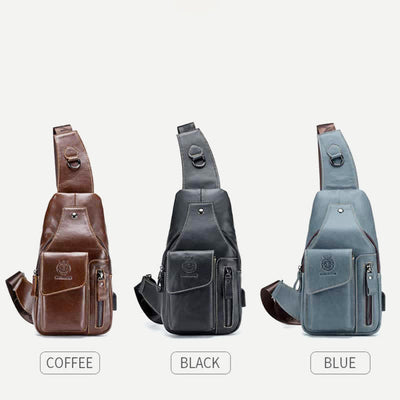 Genuine Leather Multi-Pocket Chest Bag Sling Backpack with USB Charging Port