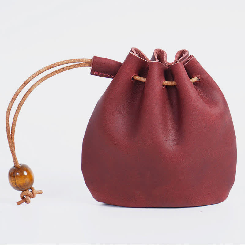 Leather Drawstring Pouch Retro Coin Purse Wallet for Women Men