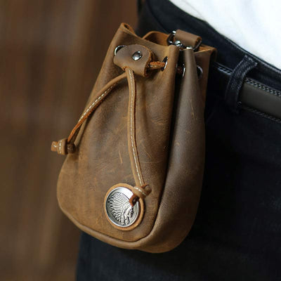 Retro Unisex Waist Pouch Small Drawstring Leather Belt Bag