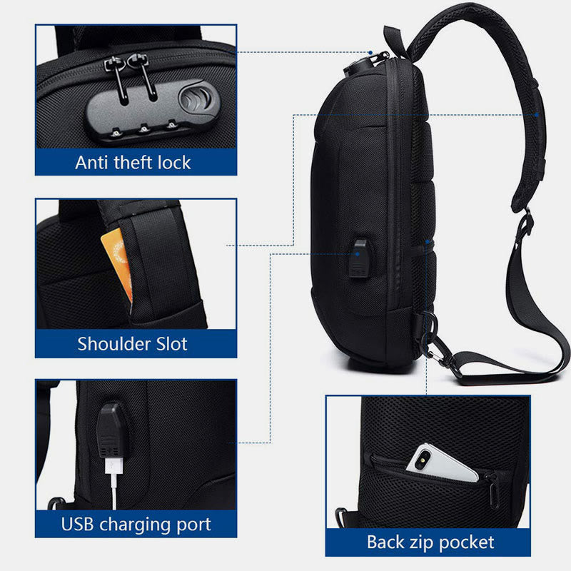 Multi-Pocket Fashion Sling Bag Chest Bag with Passport Lock USB Charging Port