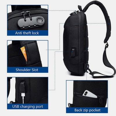 Multi-Pocket Fashion Sling Bag Chest Bag with Passport Lock USB Charging Port