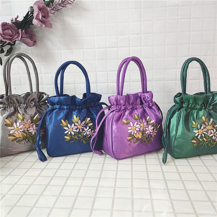 Embroidery Floral Clutch Drawstring Bucket Bag Handbag Party Bag