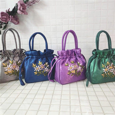 Embroidery Floral Clutch Drawstring Bucket Bag Handbag Party Bag