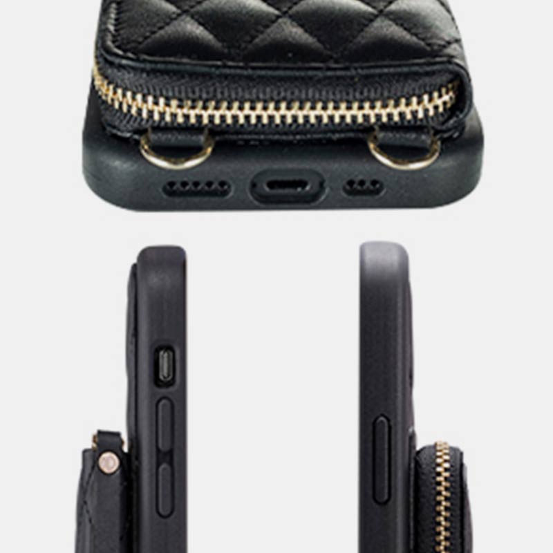 iPhone Phone Case Quilted Leather Wallet Case Card Holder with Crossbody Strap