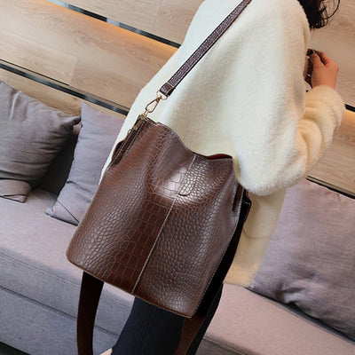 Crocodile Print Leather Cross Body Purse Single Shoulder Bucket Bag