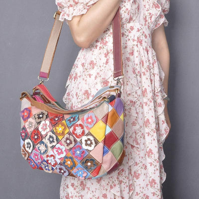 Multi-Color Floral Genuine Leather Boston Bag Hobo Tote Handbag Crossbody Bag